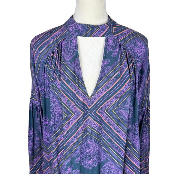 Free People Walking On A Dream Blue Purple Floral Diamond Oversized Tunic Top - Picture 6 of 13